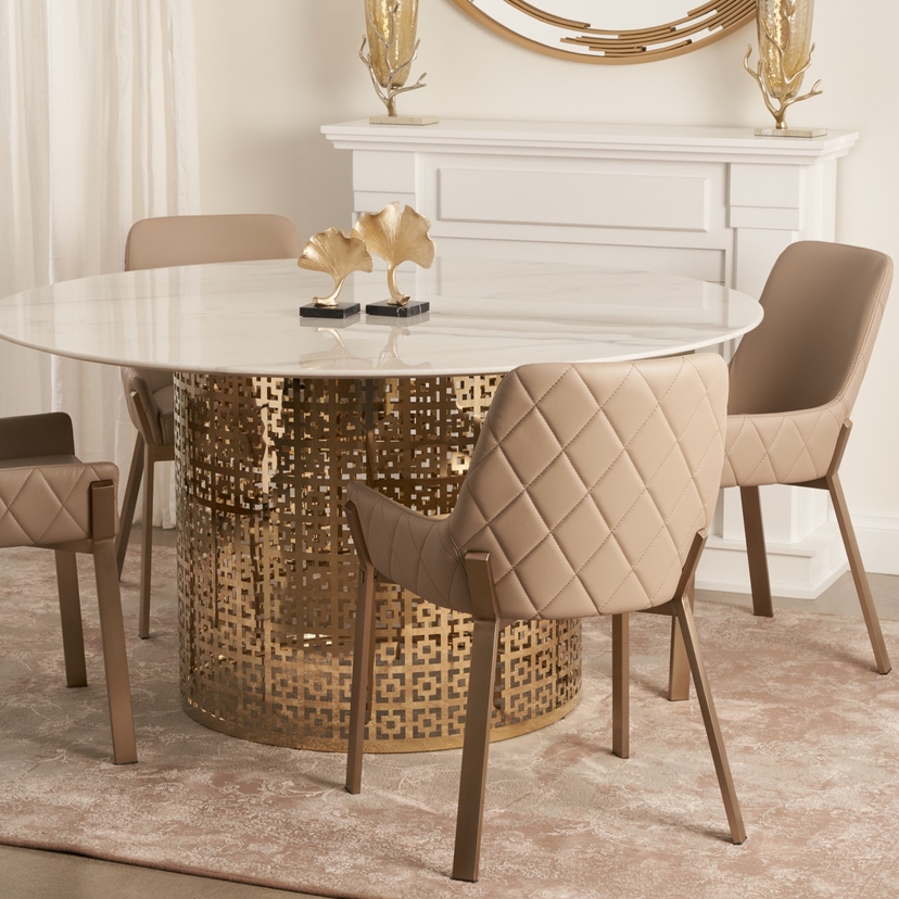 Alice Natural White Marble Round Dining Table Champagne Gold Legs