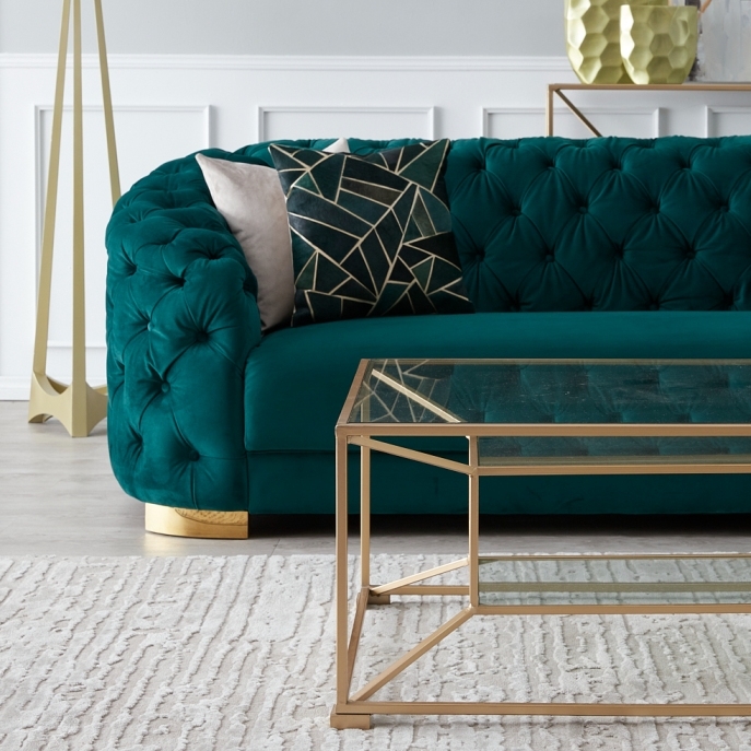 Kelly Emerald Velvet 2-Seater Sofa - Gold Legs