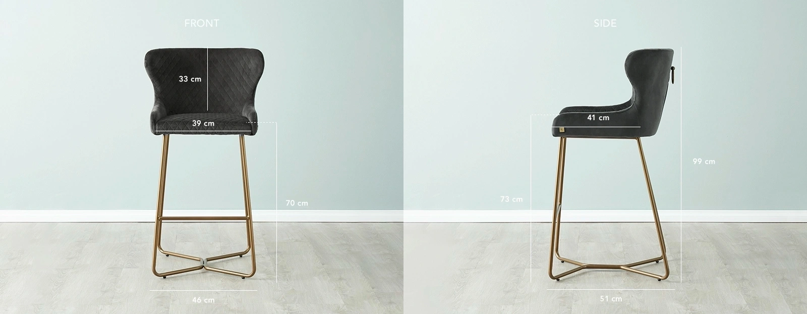 Quinn Charcoal Velvet Bar Stool - Brass Colour Legs | Koala Living