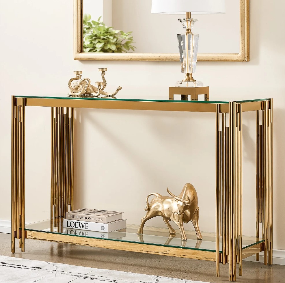 Lindsay Polished Gold Stainless Steel Console Table | Koala Living