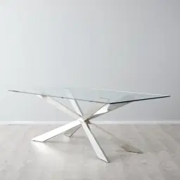 Lena Polished Stainless Steel Dining Table - Glass Top 