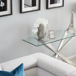 Lena Polished Stainless Steel Console Table - Glass Top