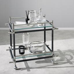 Benson Glass Buttlers Trolley - Black Vegan Leather Trim