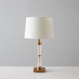Nela Crystal and Brushed Bronze Metal Table Lamp - White Linen Lamp Shade