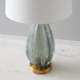 Dorian Brushed Bronze Coloured Glaze Sea Glass Table Lamp -  White Linen Lamp Shade