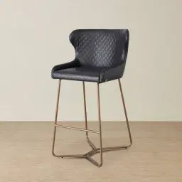 Quinn Black Vegan Leather  Bar Stool - Brass Colour Legs