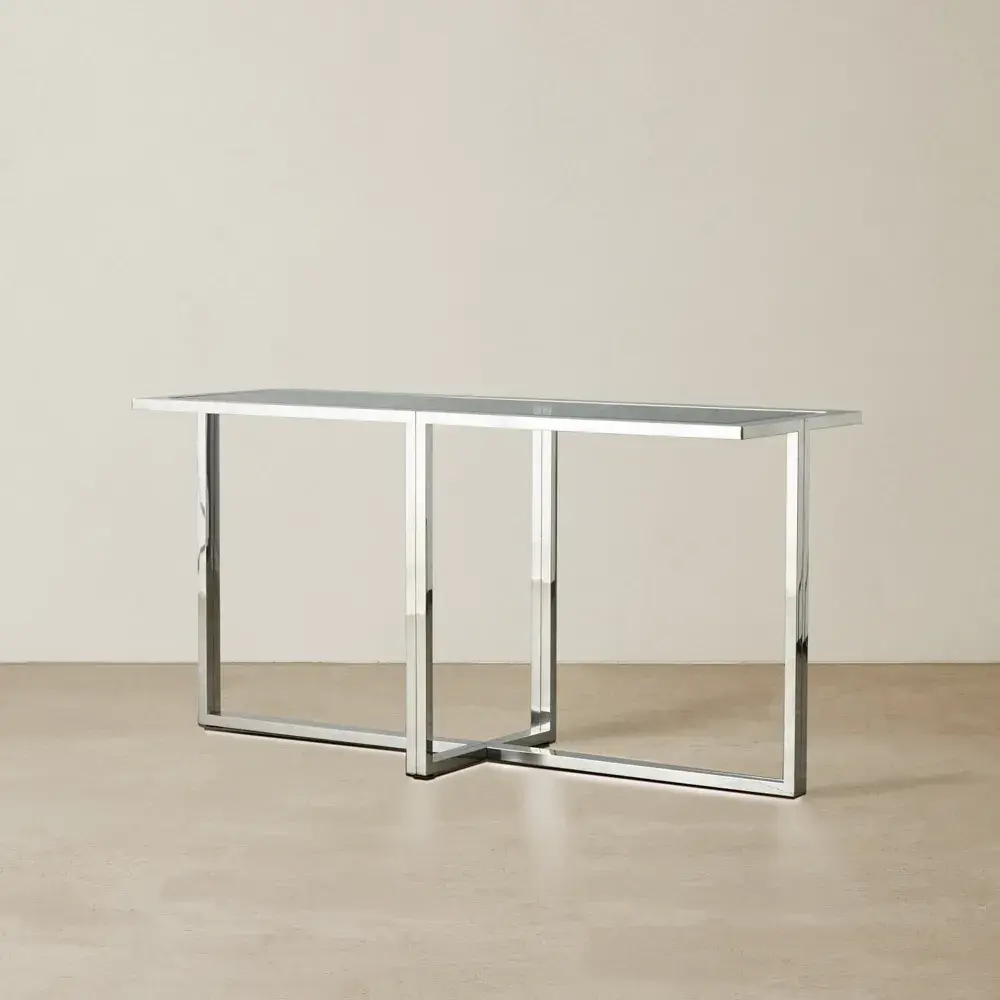 Titus Stainless Steel Console Table  - Smoke Green Glass Top