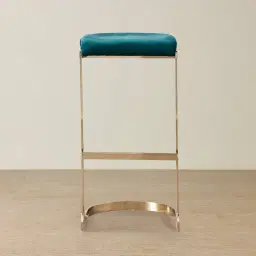 Rouven Peacock Blue Velvet 79cm Bar Stool - Champagne Gold Legs