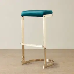 Rouven Peacock Blue Velvet 79cm Bar Stool - Champagne Gold Legs