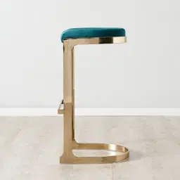 Rouven Peacock Blue Velvet 79cm Bar Stool - Champagne Gold Legs