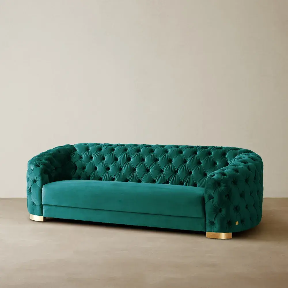 Kelly Peacock Blue Velvet 3 Seater Sofa - Gold Legs