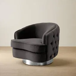 Kelly Charcoal Velvet Swivel Chair - Black Nickel Leg