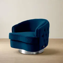 Kelly Navy Blue Velvet Swivel Chair - Silver Leg
