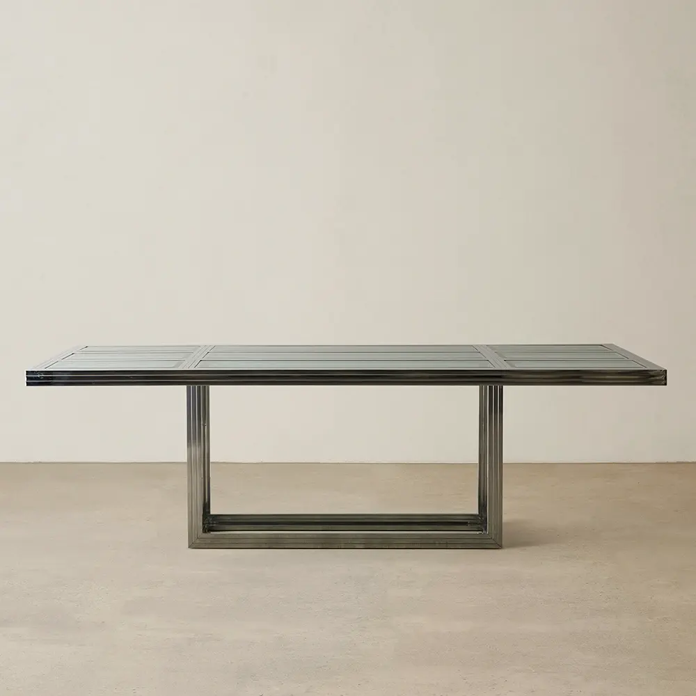 Titus Stainless Steel Dining Table - Smoke Green Glass Top
