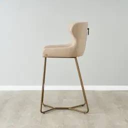Quinn Sand Beige Vegan Leather Bar Stool  - Brass Colour Legs