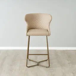 Quinn Sand Beige Vegan Leather Bar Stool  - Brass Colour Legs