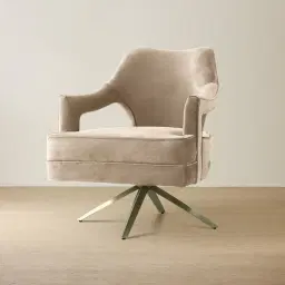 Burton Beige Velvet Swivel Occasional Chair - Brushed Champagne Gold Stainless Steel Legs