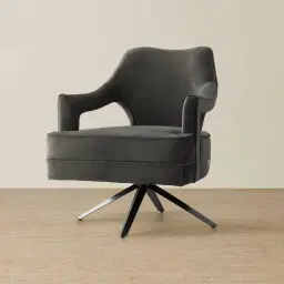 Burton Charcoal Velvet Swivel Occasional Chair - Brushed Black Nickel Stainless Steel Legs