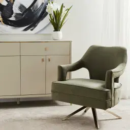Burton Olive Green Velvet Swivel Occasional Chair - Brushed Champagne Gold Stainless Steel Legs