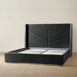 Gertrude Charcoal Velvet Queen Bed - Brushed Black Nickel Stainless Steel Frame