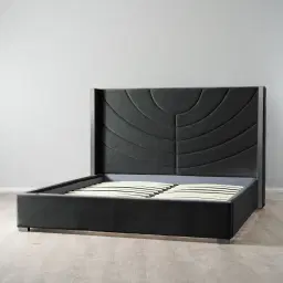 Gertrude Charcoal Velvet Queen Bed - Brushed Black Nickel Stainless Steel Frame