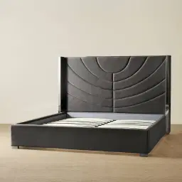 Gertrude Charcoal Velvet Queen Bed - Brushed Black Nickel Stainless Steel Frame