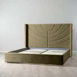 Gertrude Olive Green Velvet Queen Bed - Brushed Champagne Gold Stainless Steel Frame
