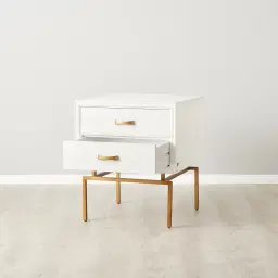 Mackenzie White Wooden Bedside Table - Brass Coloured Handles