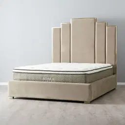 Jacques Beige Velvet King Bed-Brushed Champagne Gold Frame