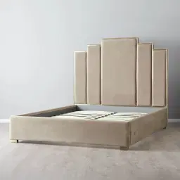 Jacques Beige Velvet Queen Bed - Brushed Champagne Gold Frame