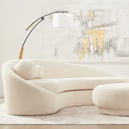 Crescent Brushed Gold Metal Floor Lamp-White Fabric Shade