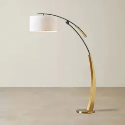 Crescent Brushed Gold Metal Floor Lamp-White Fabric Shade