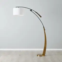 Crescent Brushed Gold Metal Floor Lamp-White Fabric Shade