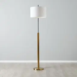 Crescent Brushed Gold Metal Floor Lamp-White Fabric Shade
