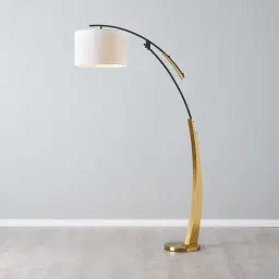 Crescent Brushed Gold Metal Floor Lamp-White Fabric Shade