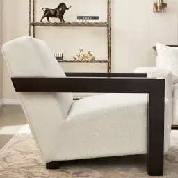 Stellan Chestnut White Woven Fabric Occasional Chair - Espresso Brown Wooden Legs