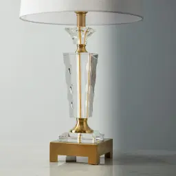 Chic Crystal II Antique Brass Metal Table Lamp - White Linen Lamp Shade