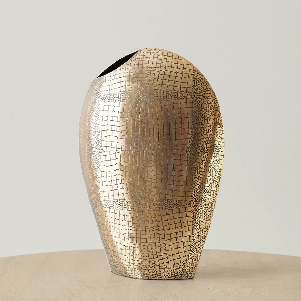 Armando Croc Etched Antique Brass Metal Vase