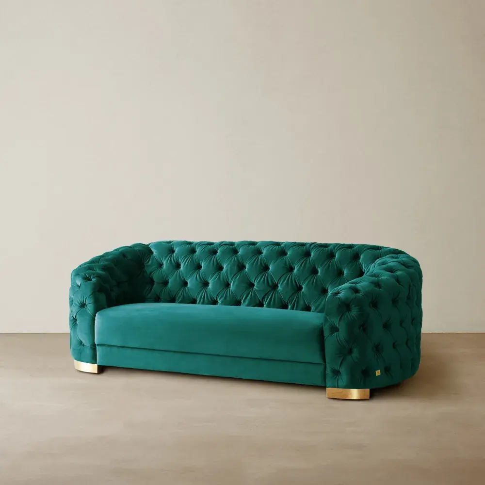 Kelly Peacock Blue Velvet 2 Seater Sofa Gold Legs