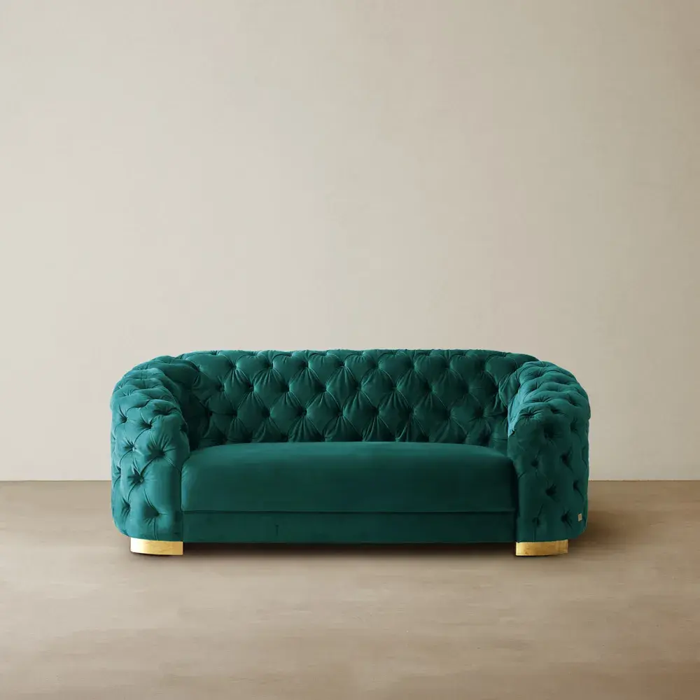 Kelly Peacock Blue Velvet 2 Seater Sofa Gold Legs