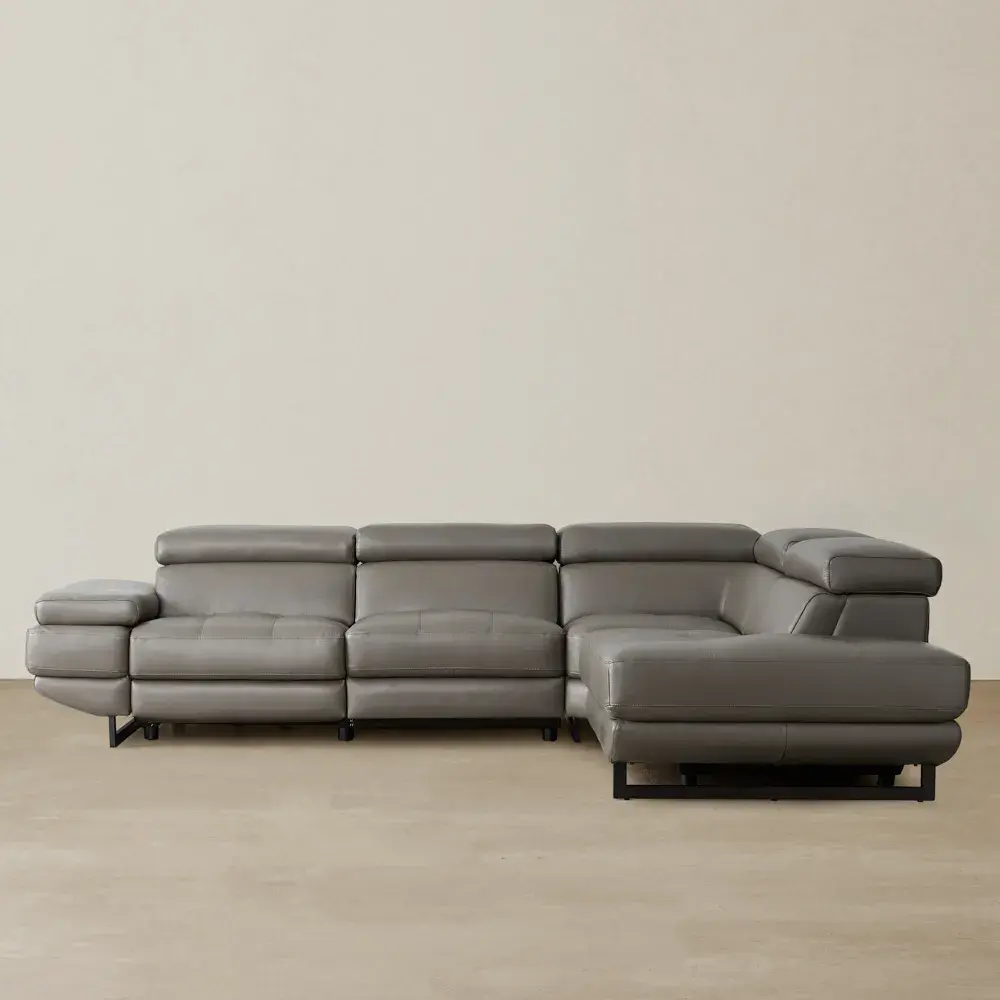 Alessia Warm Stone Grey Leather Dual Electric Recliner Lounge - Right