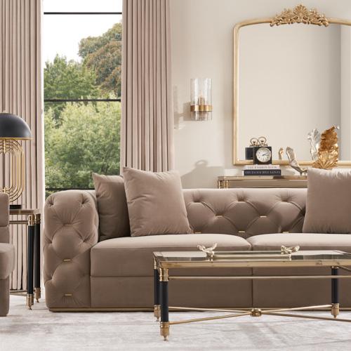 Empress Light Beige Velveteen 3-Seater Fabric Sofa