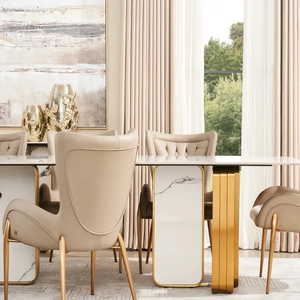 Marbella Cold Calacatta White Sintered Stone Dining Table - Brushed Gold Frame