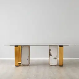 Marbella Cold Calacatta White Sintered Stone Dining Table - Brushed Gold Frame