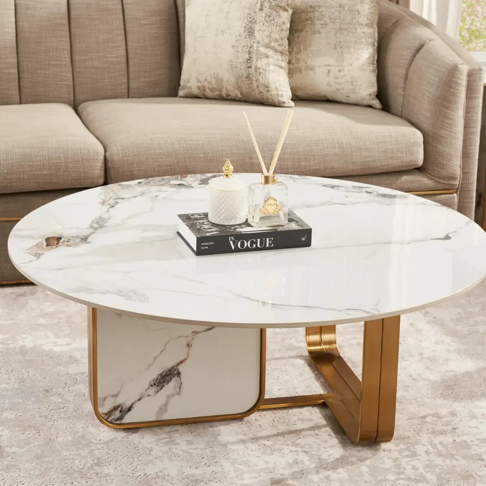 Marbella Round Cold Calacatta White Sintered Stone Coffee Table - Brushed Gold Frame
