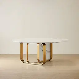 Marbella Round Cold Calacatta White Sintered Stone Coffee Table - Brushed Gold Frame