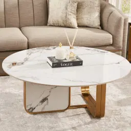 Marbella Round Cold Calacatta White Sintered Stone Coffee Table - Brushed Gold Frame