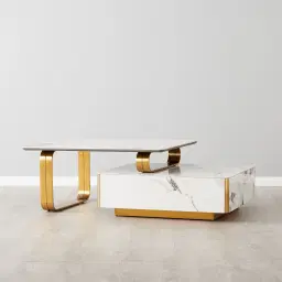 Marbella 2-Layered Cold Calacatta White Sintered Stone Coffee Table - Brushed Gold Frame