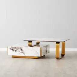 Marbella 2-Layered Cold Calacatta White Sintered Stone Coffee Table - Brushed Gold Frame