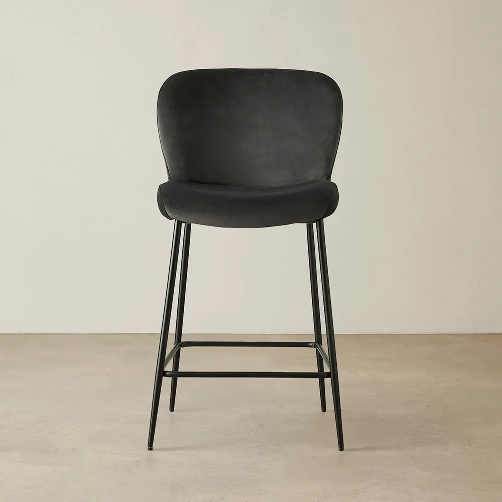 Hailey Charcoal Velvet 67cm Counter Stool - Black Metal Legs